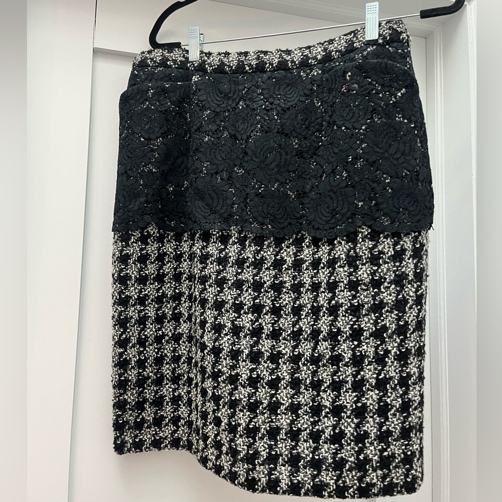 CH black and white tweed skirt with lace overlay at waist